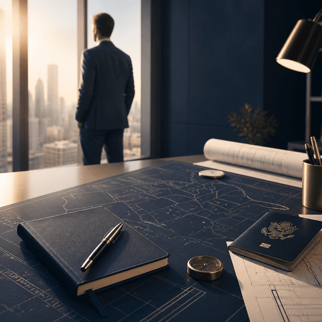 Founder beginning a business journey beside a blueprint and city skyline